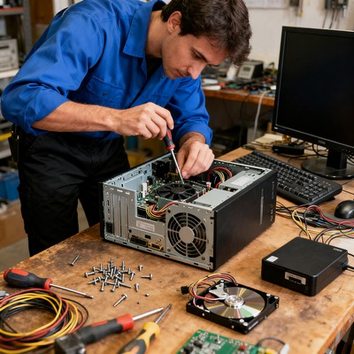 computer technician repairing a desktop computer